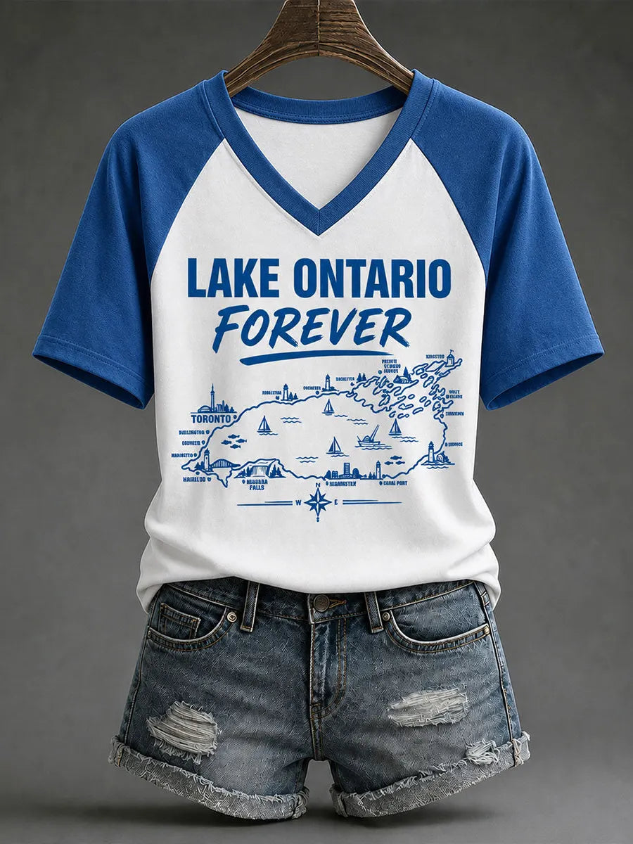 Women's Lake Ontario Forever Print V Neck T-shirt