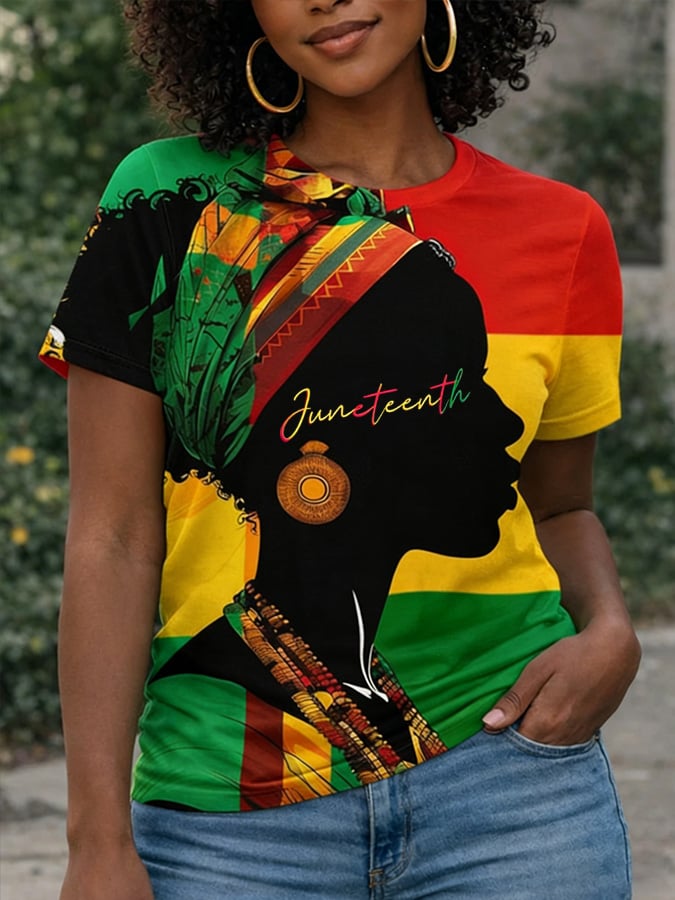 Women's Black Juneteenth Print Casuasl T-Shirt