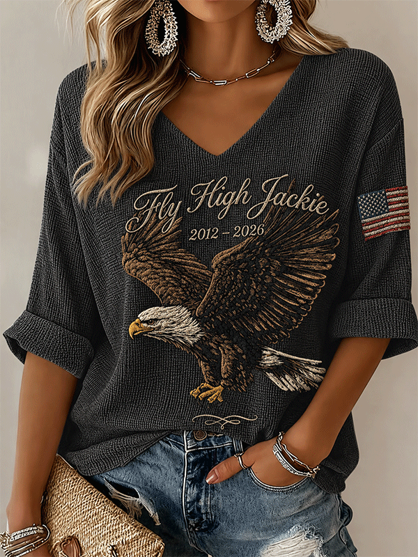 Women's Fly High Jackie Bald Eagle Flag Sleeve Waffle‐Knit Top