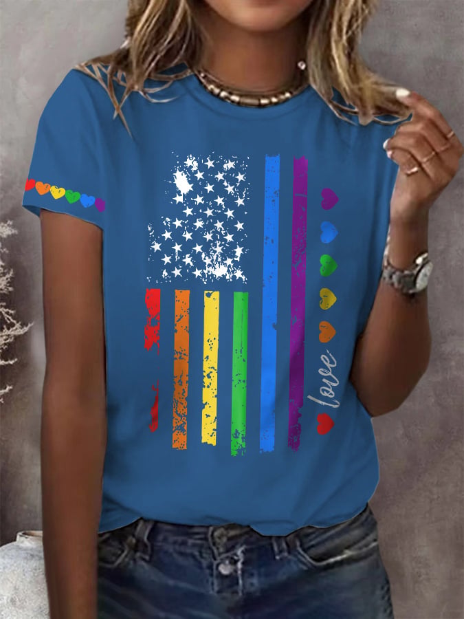 Women's Pride Month Rainbow American Flag print Short Sleeve T-Shirt
