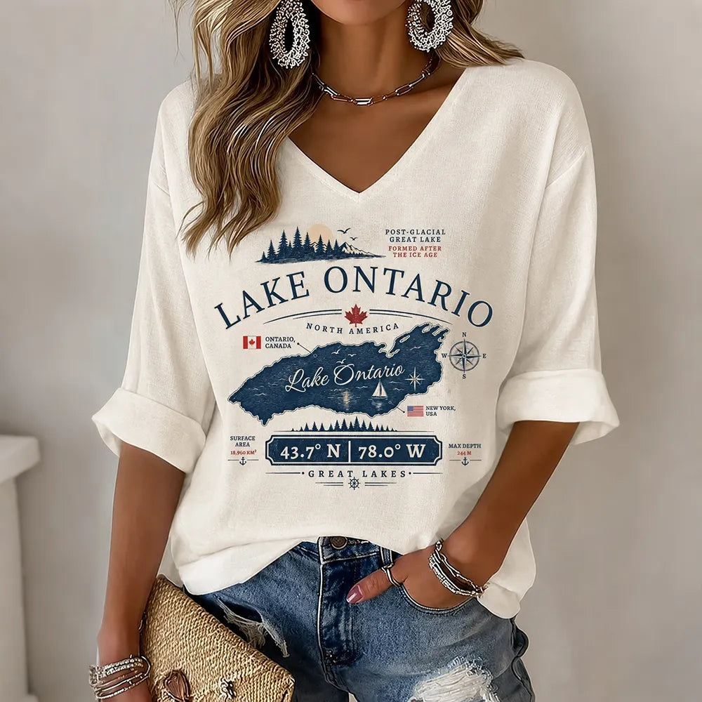 Women's V-neck Lake Ontario Print T-shirt
