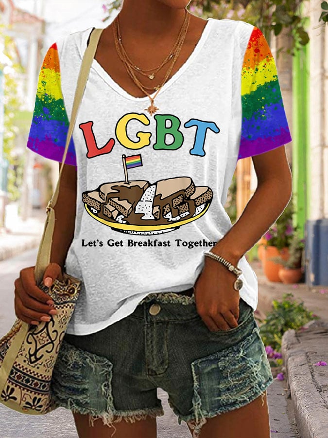Women's Funny LGBT Let's Get Breakfast Together Print V Neck T-Shirt