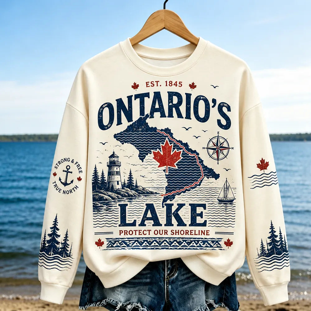 Women's Ontario Lake Map Graphic Crewneck Sweatshirt - Maple Leaf & Lighthouse Print