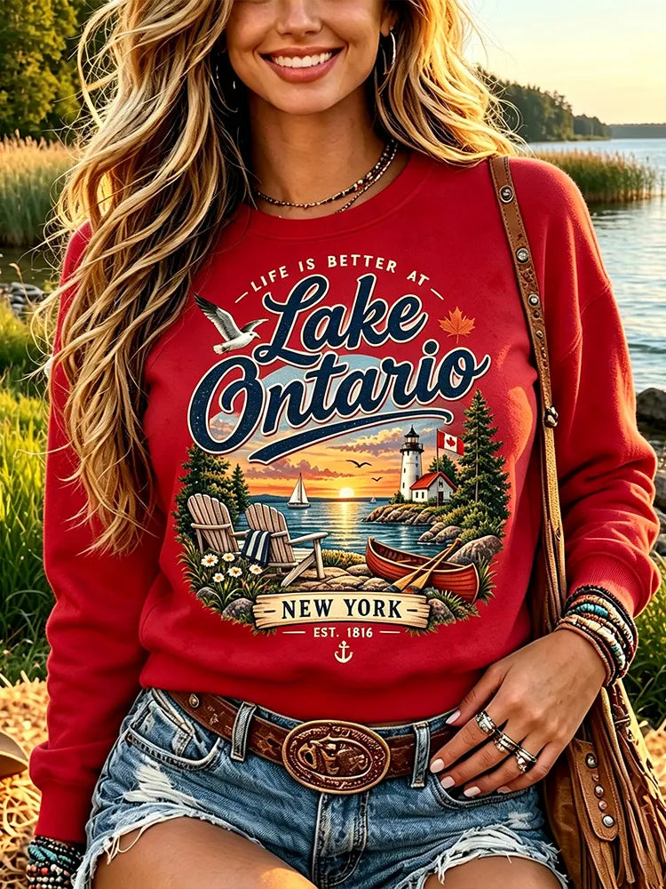 Women's Vintage Lake Ontario Landscape Print Crewneck Sweatshirt