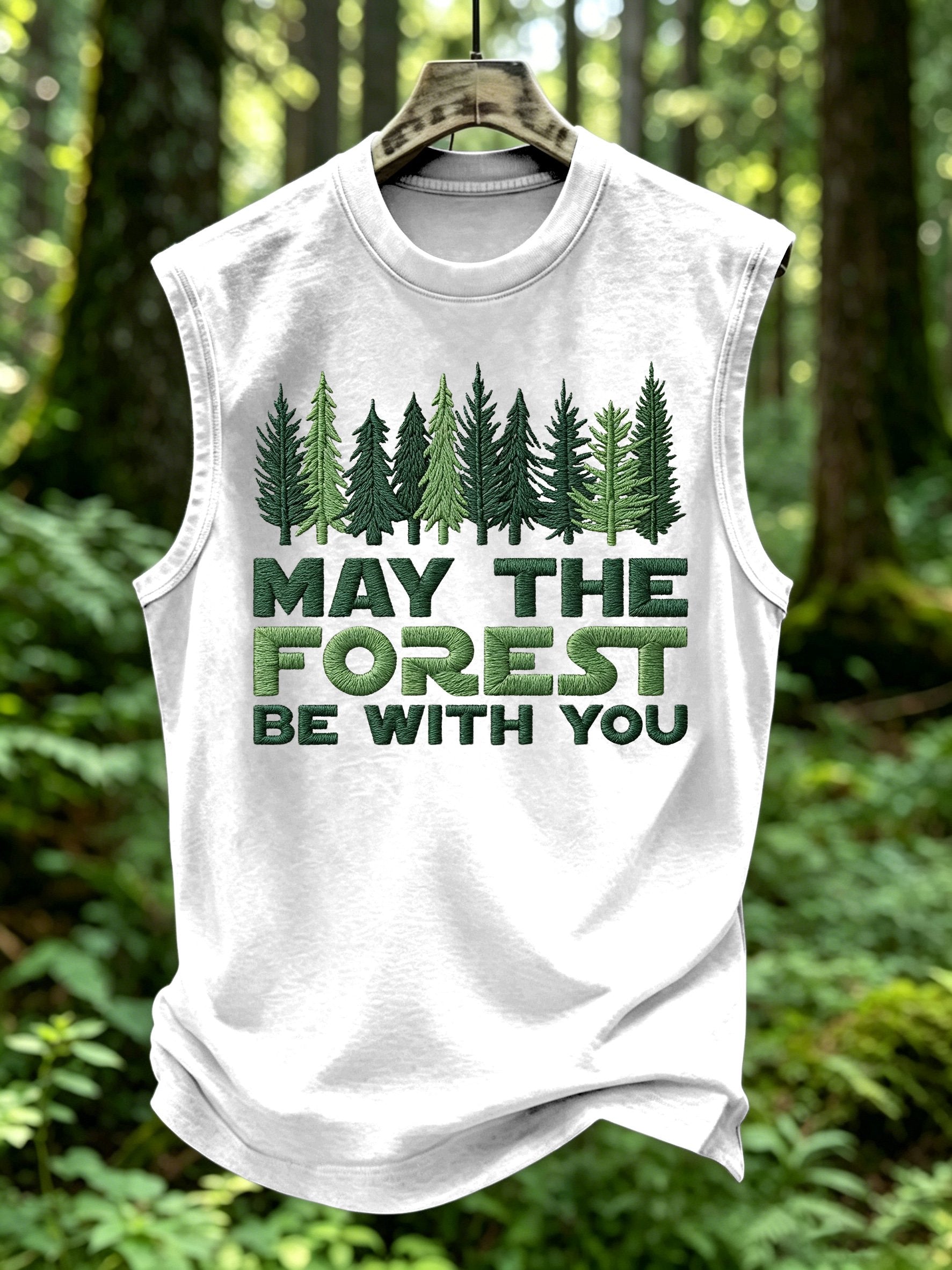 Men's Retro May The Forest Be With You Print Round Neck Vest