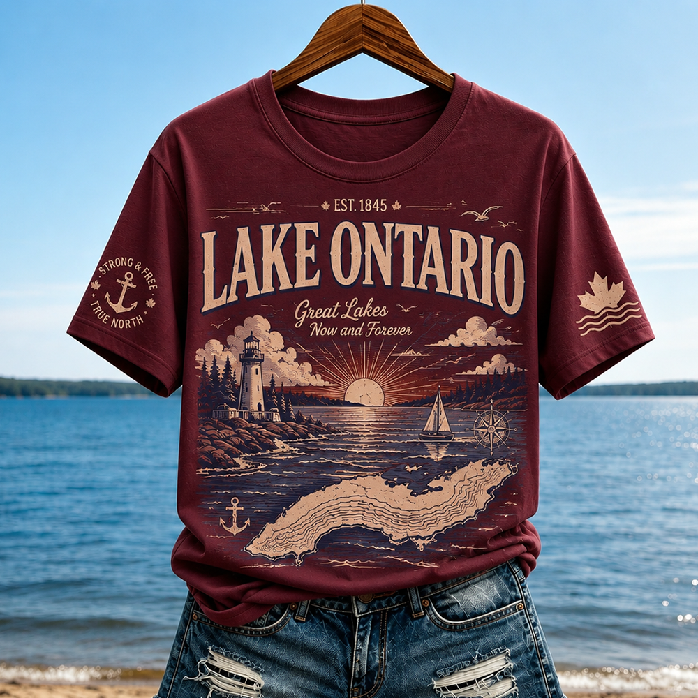 Women's Lake Ontario Graphic T-shirt - Sunset Landscape & Lighthouse Print