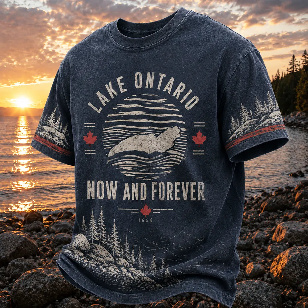 Men's Casual Short-sleeve T-shirt - Lake Ontario Map, Maple Leaf & Pine Forest Print