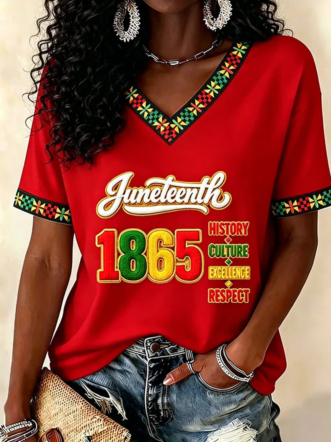 Women's Juneteenth 1865 Ethnic Art Print Casual V Neck T-Shirt