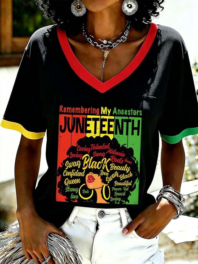 Women's Juneteenth Remembering My Ancestors Print V-Neck Top