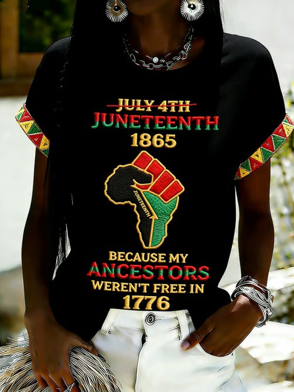 Women's Juneteenth 1865 Africa Fist My Ancestors Weren't Free In 1776 Art Print Casual T-Shirt