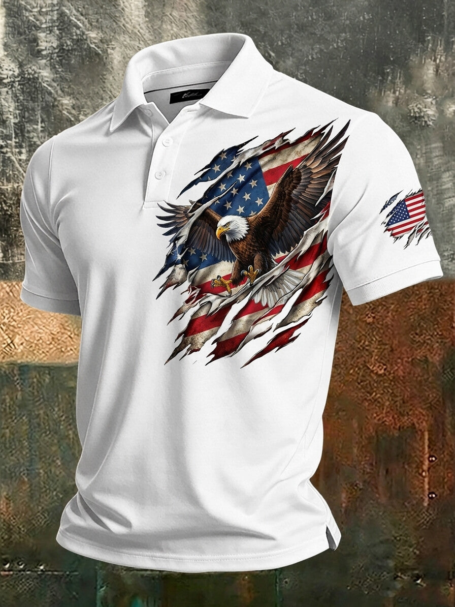 Men's Torn American Flag Eagle Print Polo Shirt