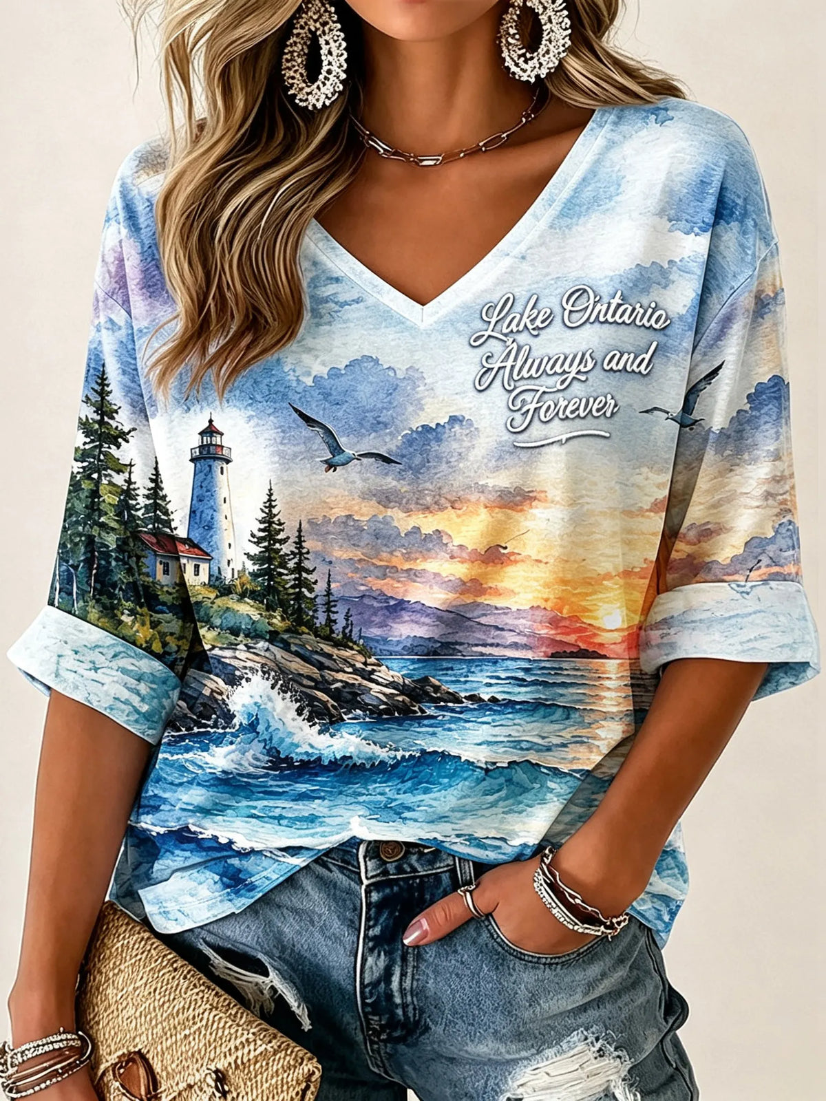 Women's Lake Ontario Always And Forever  Printed Mid-length Sleeves V-neck T-shirt