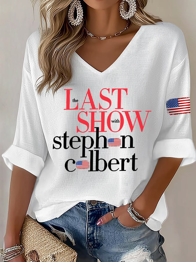 V-Neck Retro Last Show Print T-Shirt