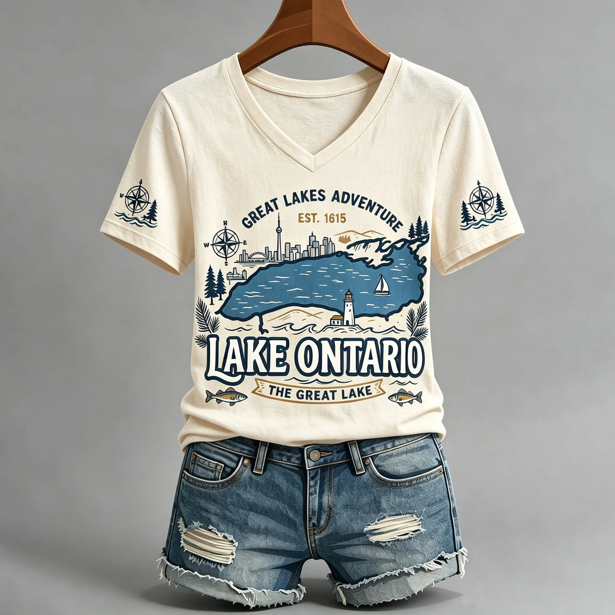 Women's Lake Ontario Casual Art Printed V-neck T-shirt