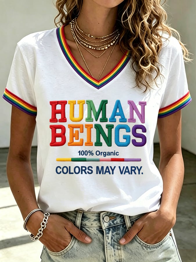 Women's Human Beings Colors May Vary Print V Neck T-shirt