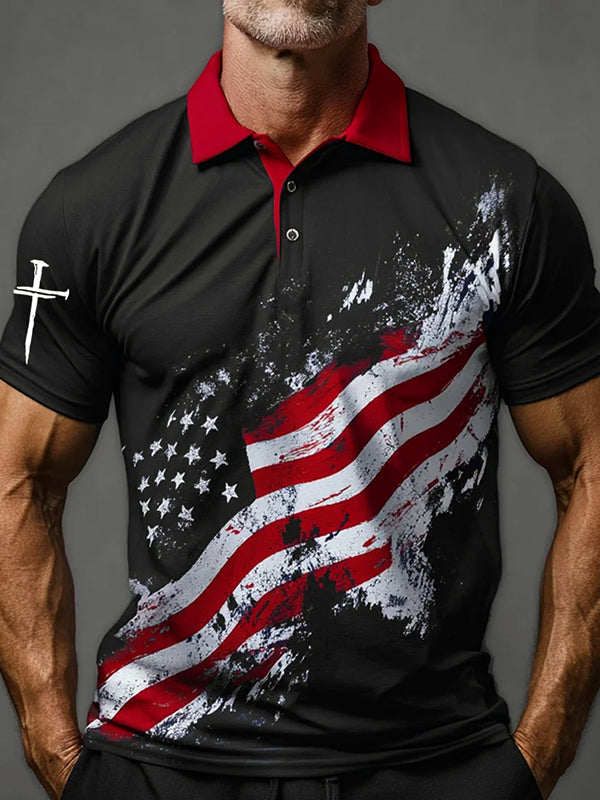 Men's American Flag Cross Print Polo Shirt