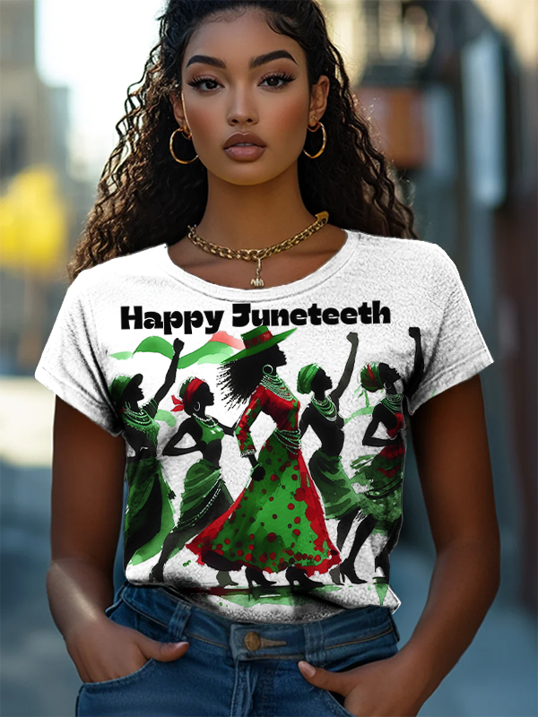 Women's Happy Juneteenth Black Women Art Print Casual T-Shirt