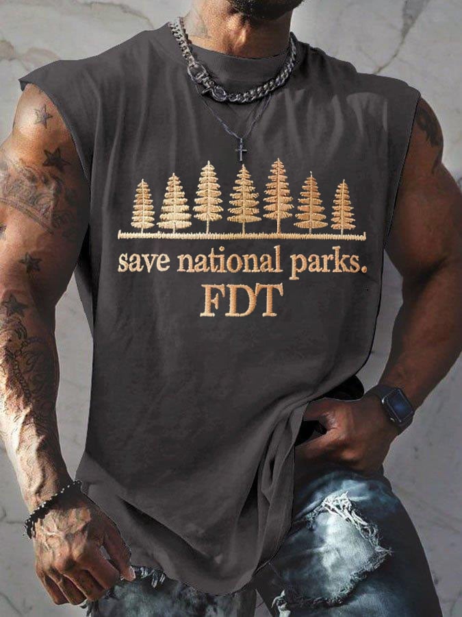 Men'S Retro Save National Parks FDT Print Sleeveless Tank Top