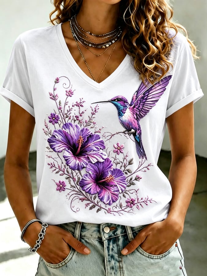 Women's Purple Flora Art Printed V-neck T-shirt