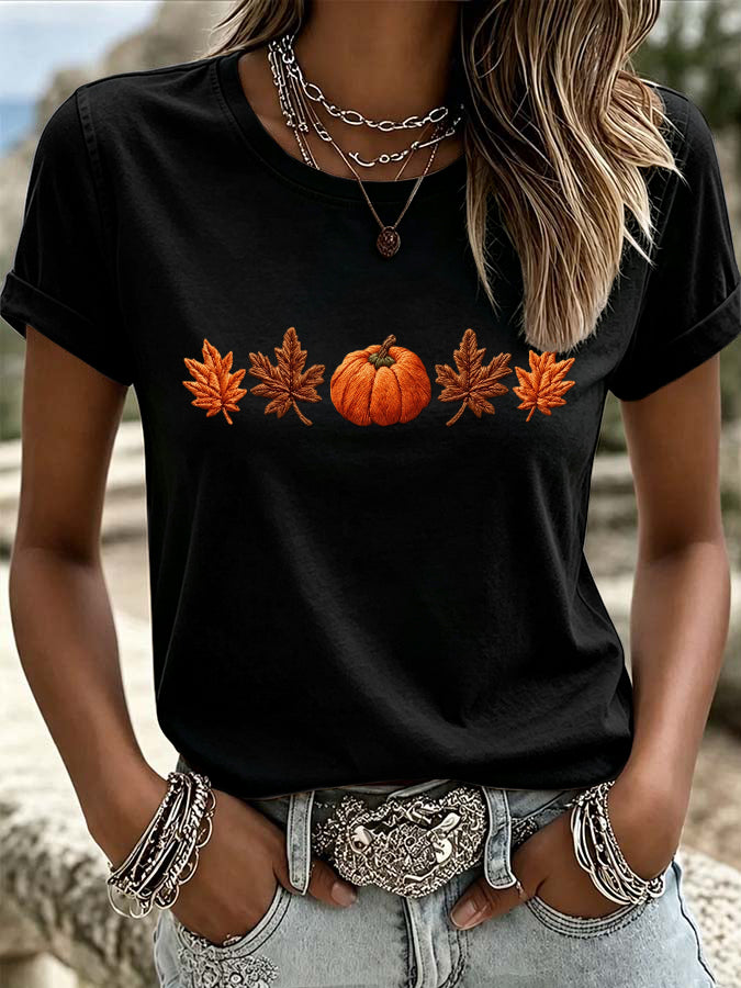 Women's Pumpkin Maple Leaf Print Crew Neck T-Shirt