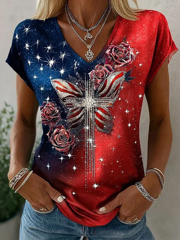 Women's American Flag Butterfly Cross Colorblock Print V Neck T-Shirt