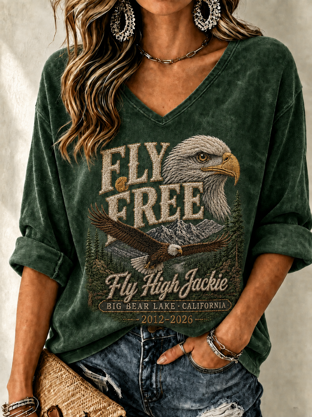 Women's V-Neck Retro Forever Free Printed T-shirt