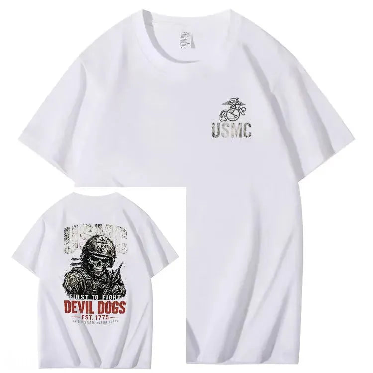 Vintage USMC Devil Dogs Military Veteran Graphic Men T‐shirt