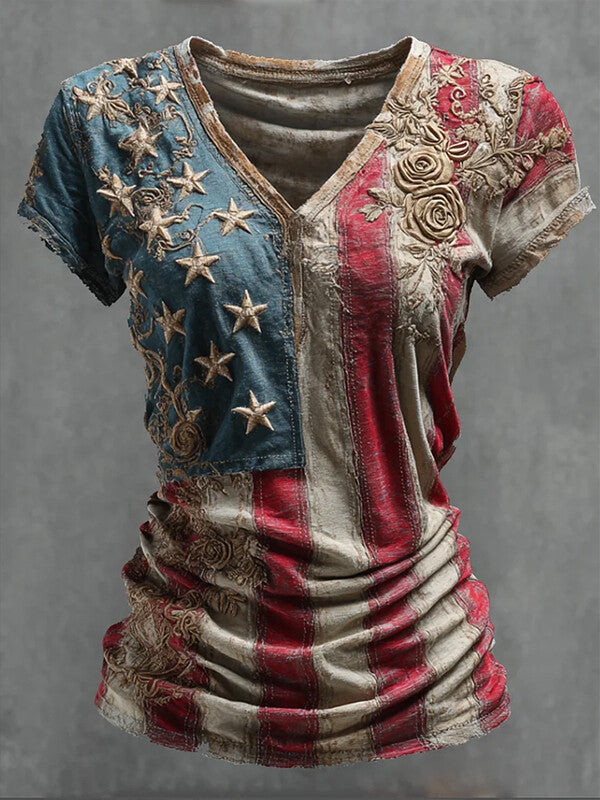 Women's Stars And Stripes Floral Print Casual V Neck T-Shirt