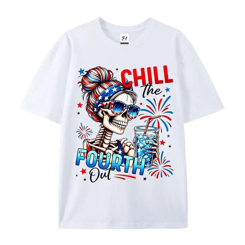 Chill The Fourth Out Patriotic Skeleton Cotton T-Shirt