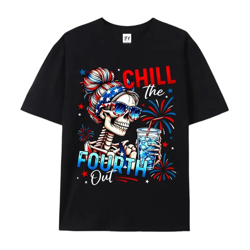 Chill The Fourth Out Patriotic Skeleton Cotton T-Shirt