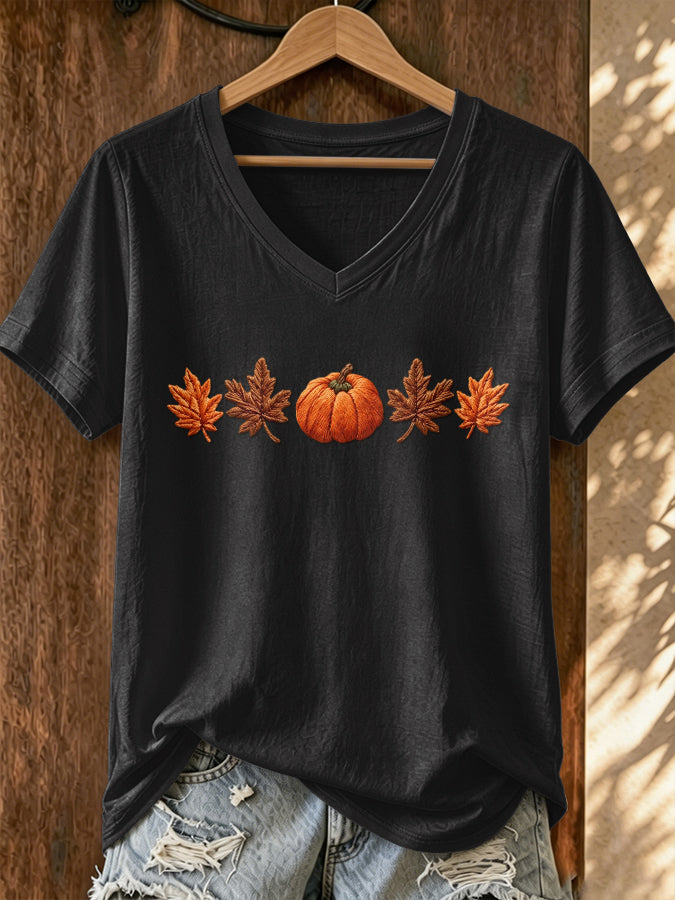 Women's Pumpkin Print V-Neck T-Shirt
