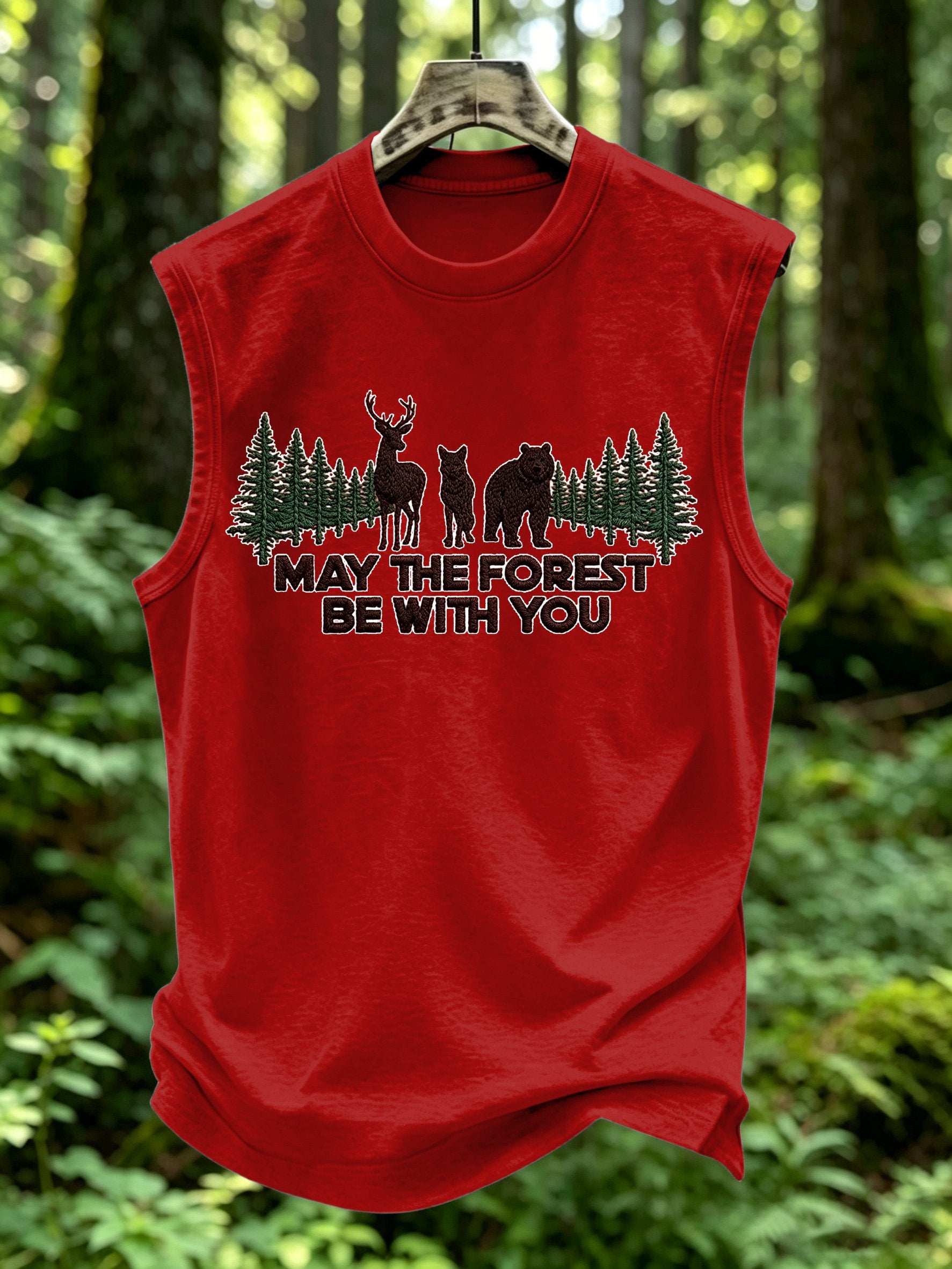 Men's Retro May The Forest Be With You Print Round Neck Vest