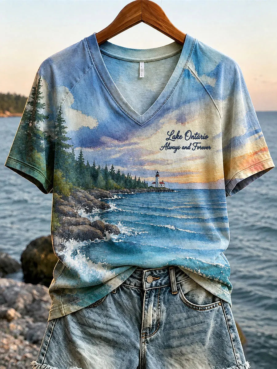 Women's Retro Lake Ontario Landscape Print V-neck Short Sleeve T-shirt