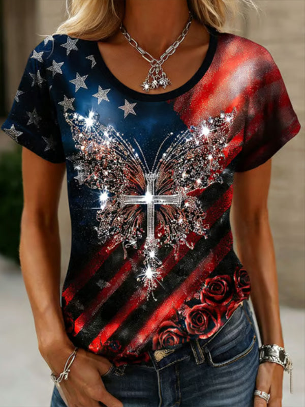 Women's American Flag Butterfly Print Casual T-Shirt