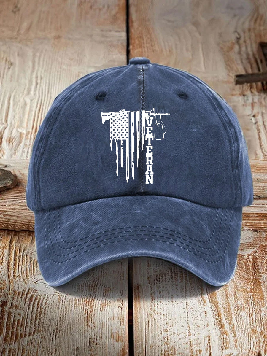 Gun And American Flag Veteran Pattern Washed And Distressed Hats