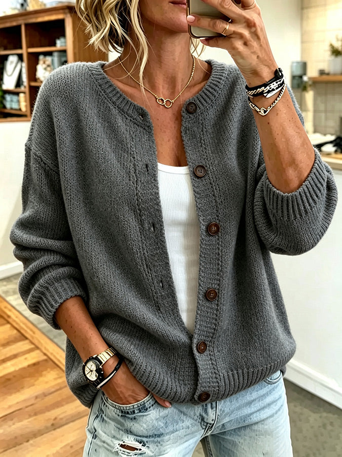 Ladies' Casual Solid Color Knitted Cardigan Top