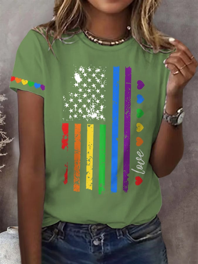 Women's Pride Month Rainbow American Flag print Short Sleeve T-Shirt