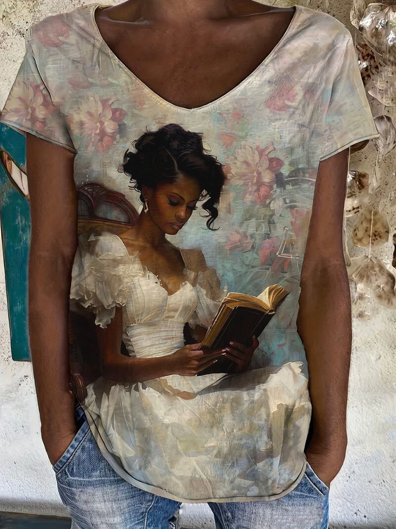 Women's Black Woman Floral Oil Painting Art Print Juneteenth Casual T-Shirt