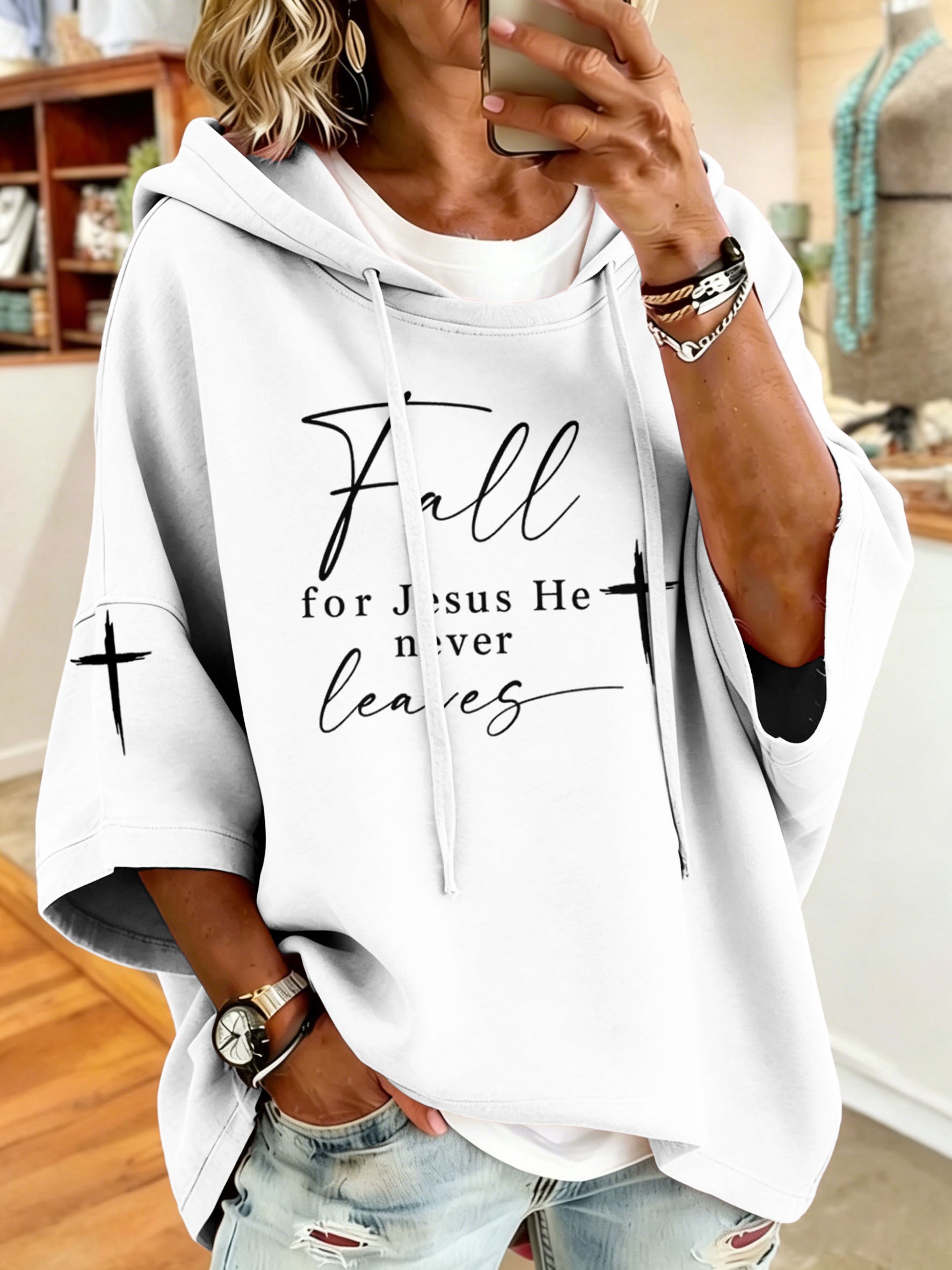 Women's Fall For Jesus He Never Leaves Printed Casual Hoodie