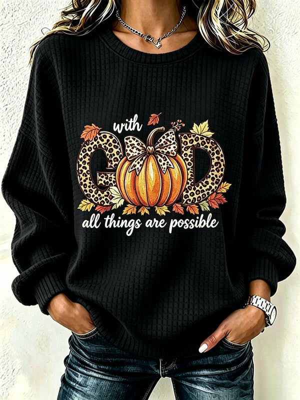 Women'S Autumn Pumpkin Faith Printed Round Neck Checkered Sports Shirt