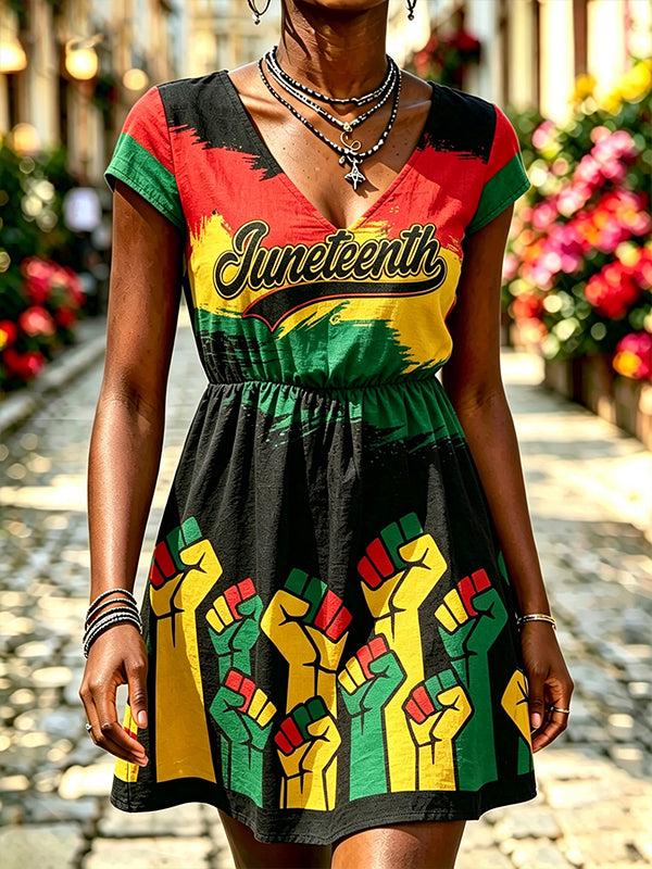 Women's Juneteenth Strong Fist Print V Neck Mini Dress
