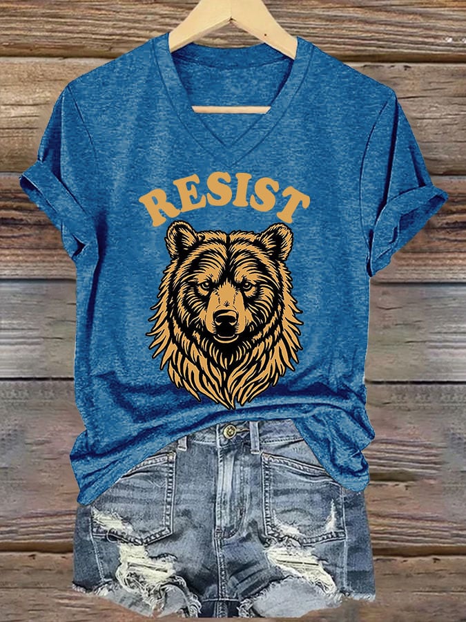 Women's Resist Bear Printed V Neck T-shirt