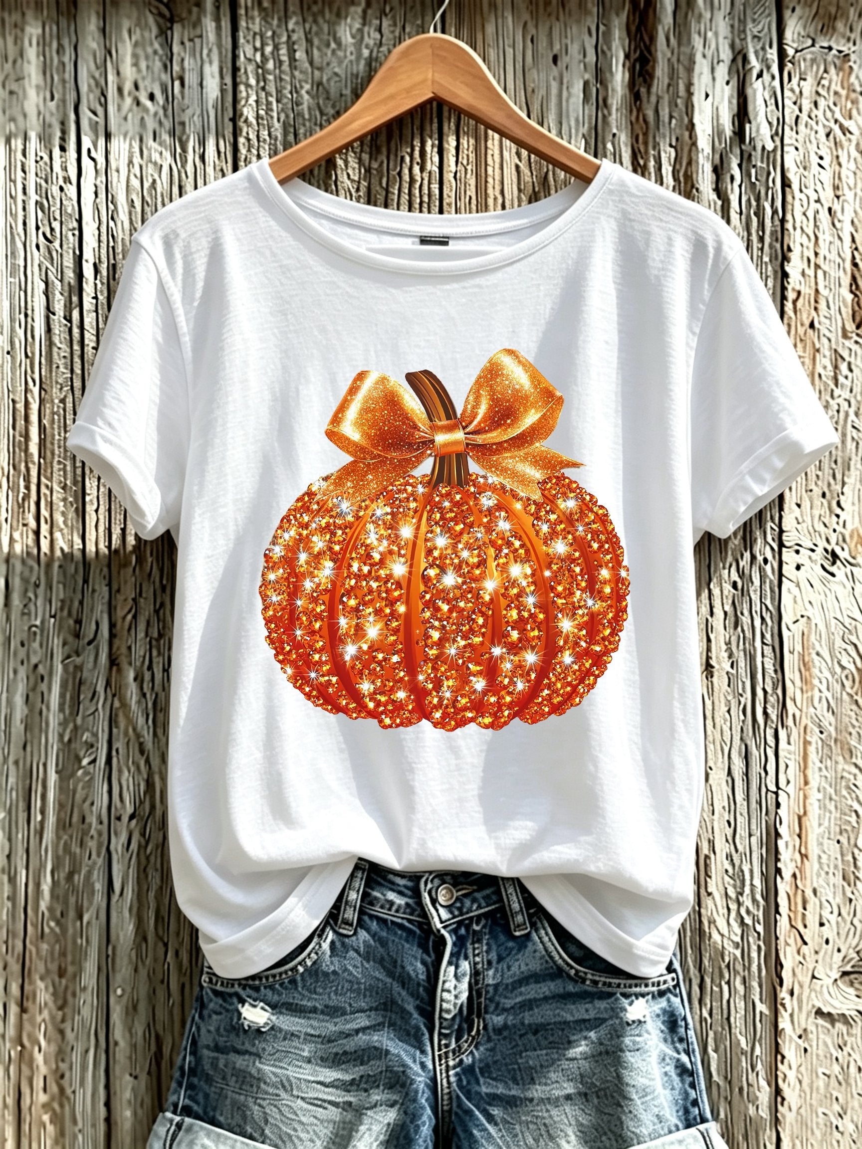 Women'S Autumn Pumpkin Art Printed Short Sleeved T-Shirt