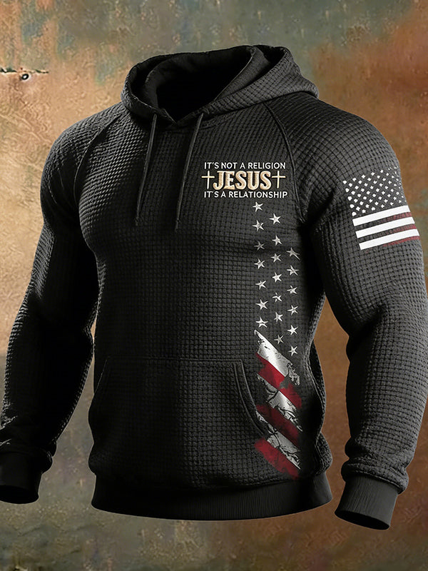 Men's Jesus It's Not A Religion It's A Relationship American Flag Art Print Pocket Hoodie