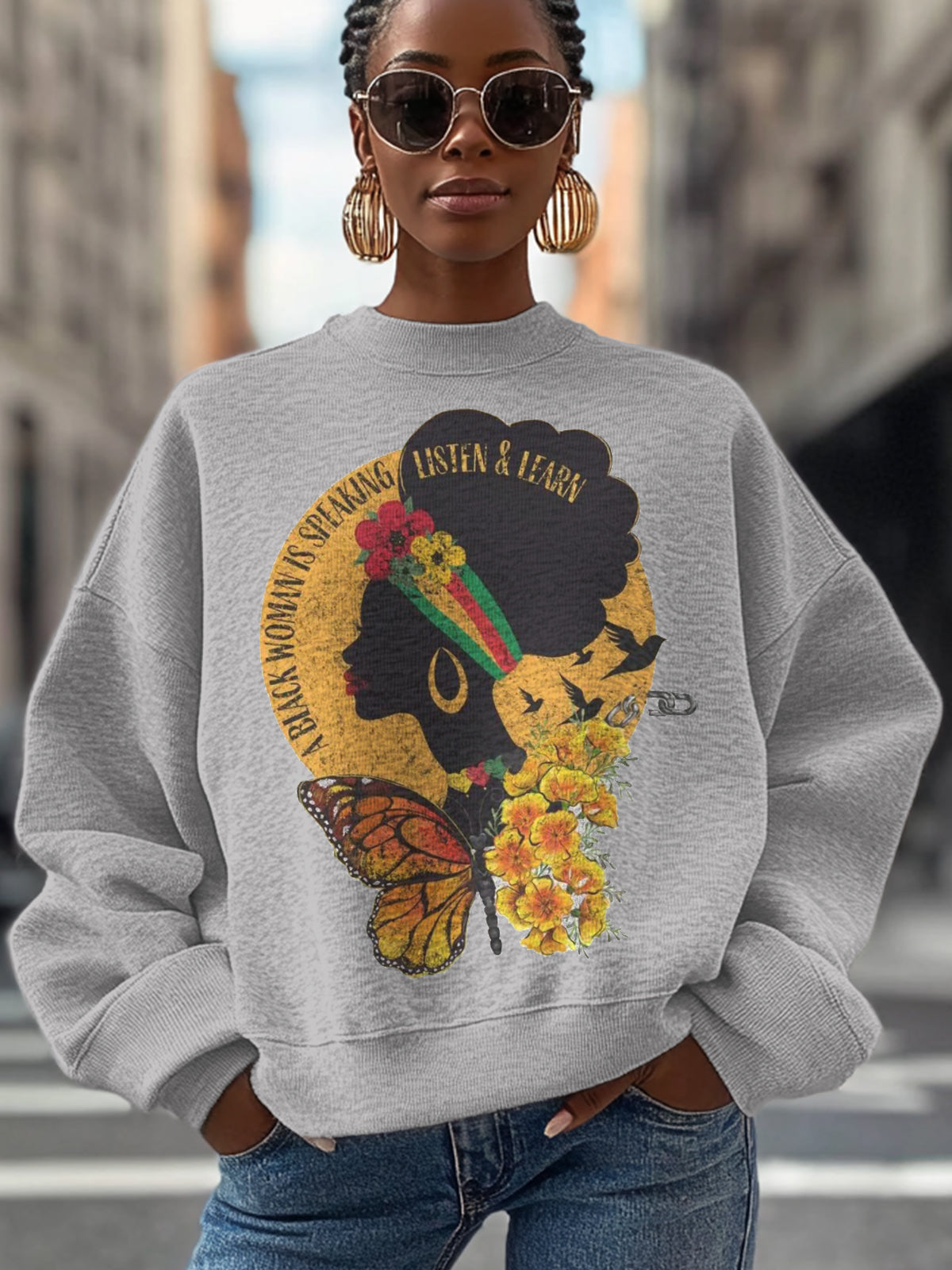 Women's Black Woman Speaking Black History Month Juneteenth Print Cotton Long Sleeve T-Shirt Thin Sweatshirt