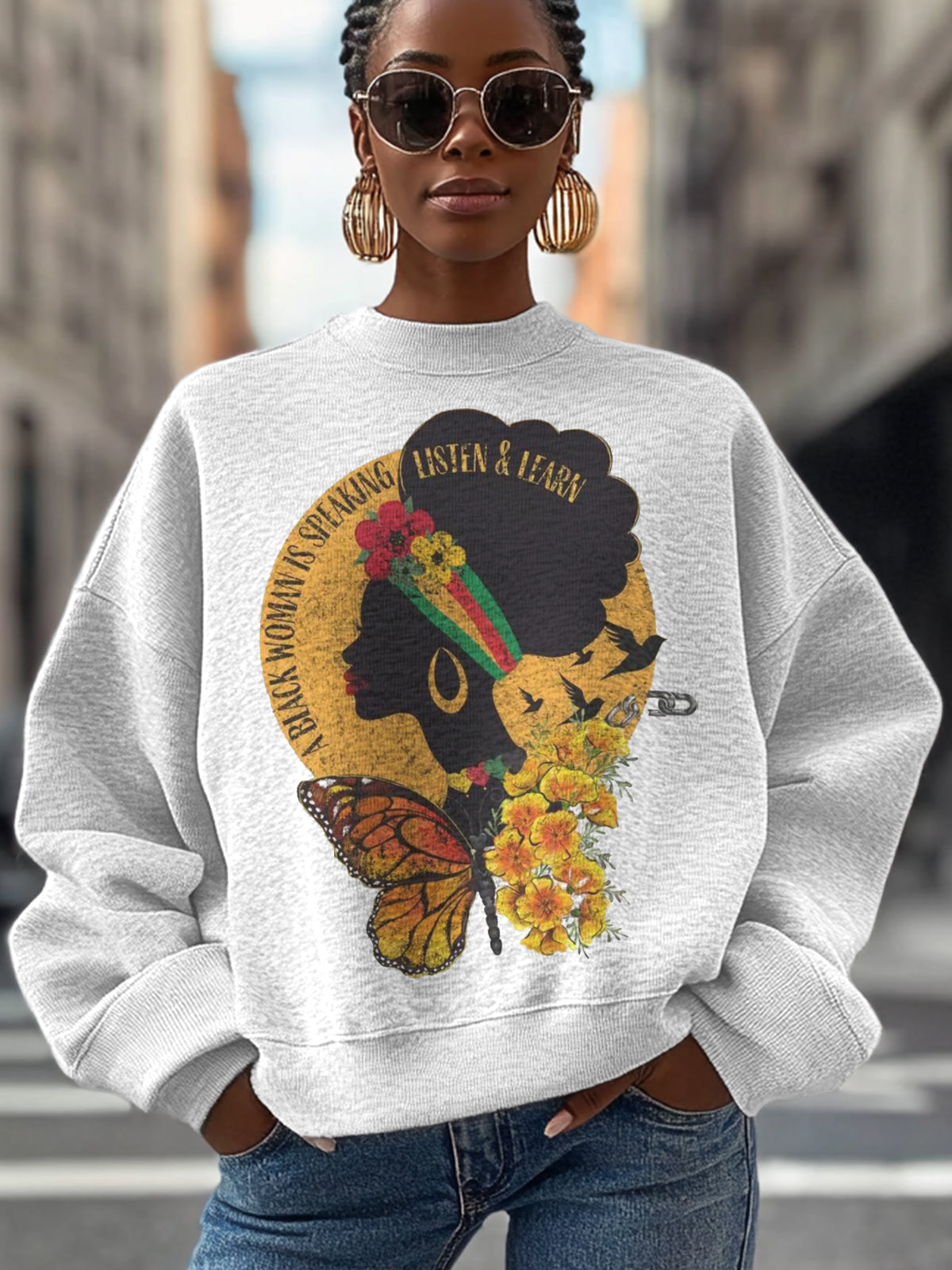 Women's Black Woman Speaking Black History Month Juneteenth Print Cotton Long Sleeve T-Shirt Thin Sweatshirt