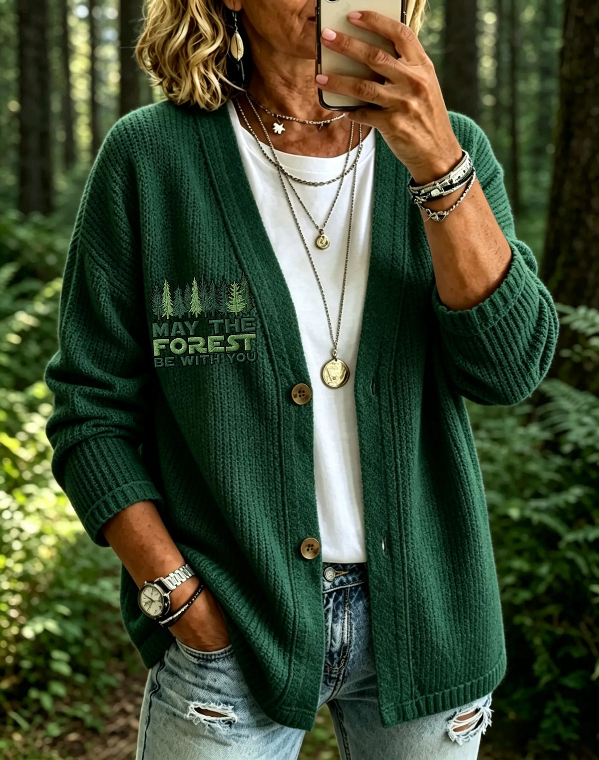 Women's Retro May The Forest Be With You Print Casual Cardigan