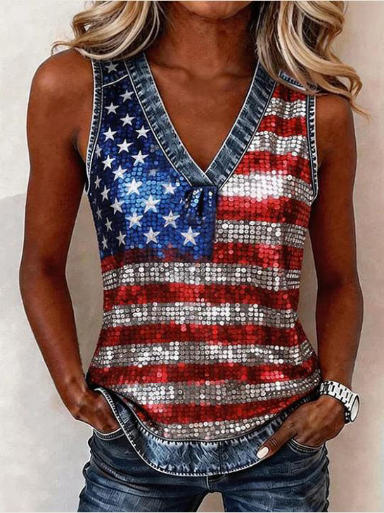 Women's Independence Day Stars Stripes Print Casual V Neck Tank Top