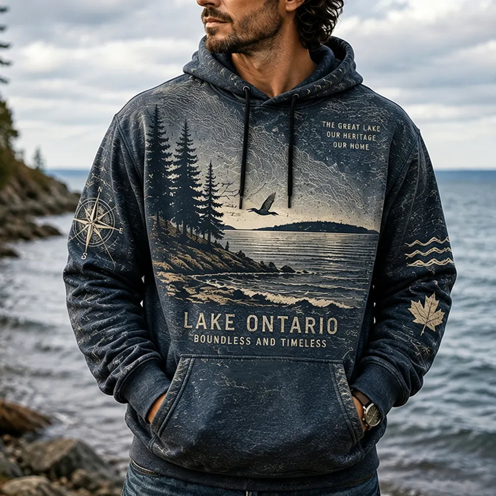Men's Casual Hooded Sweatshirt - Lake Ontario, Pine Trees, Flying Bird & Wave Print