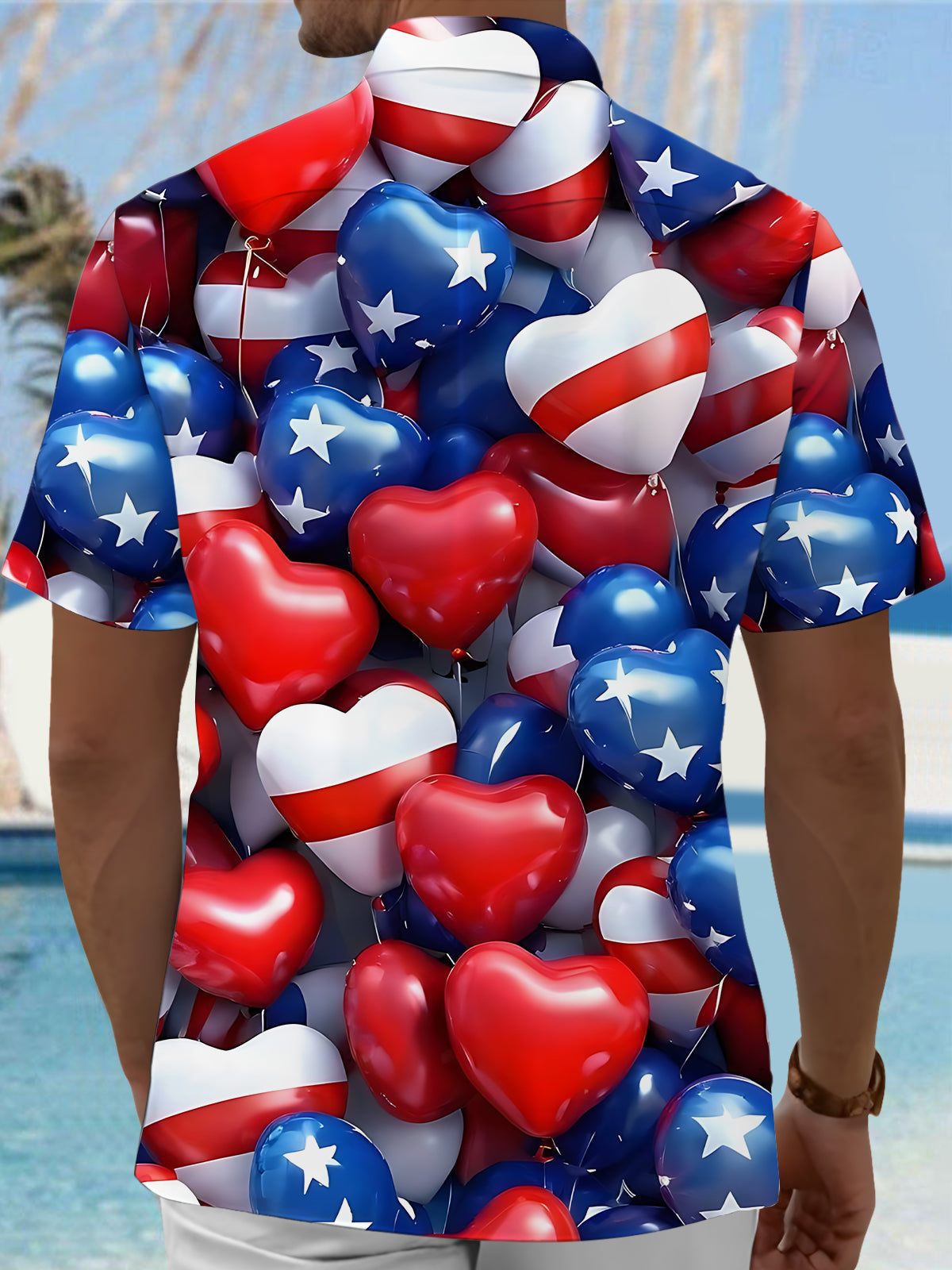 American Flag Heart Shape Balloon print Men's Pocket Short Sleeve Shirts